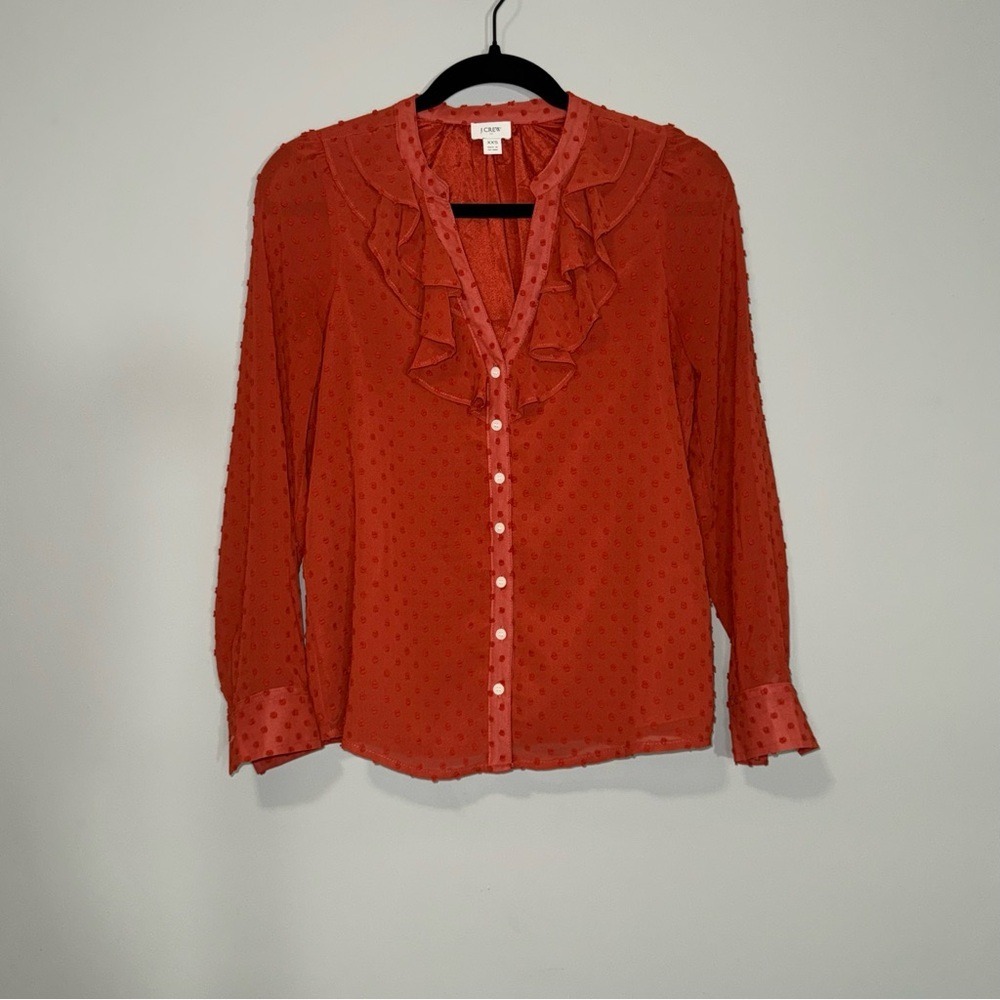 J.Crew Women XXS Burnt Orange Swiss Dot Ruffle Front Button Down Blouse Top